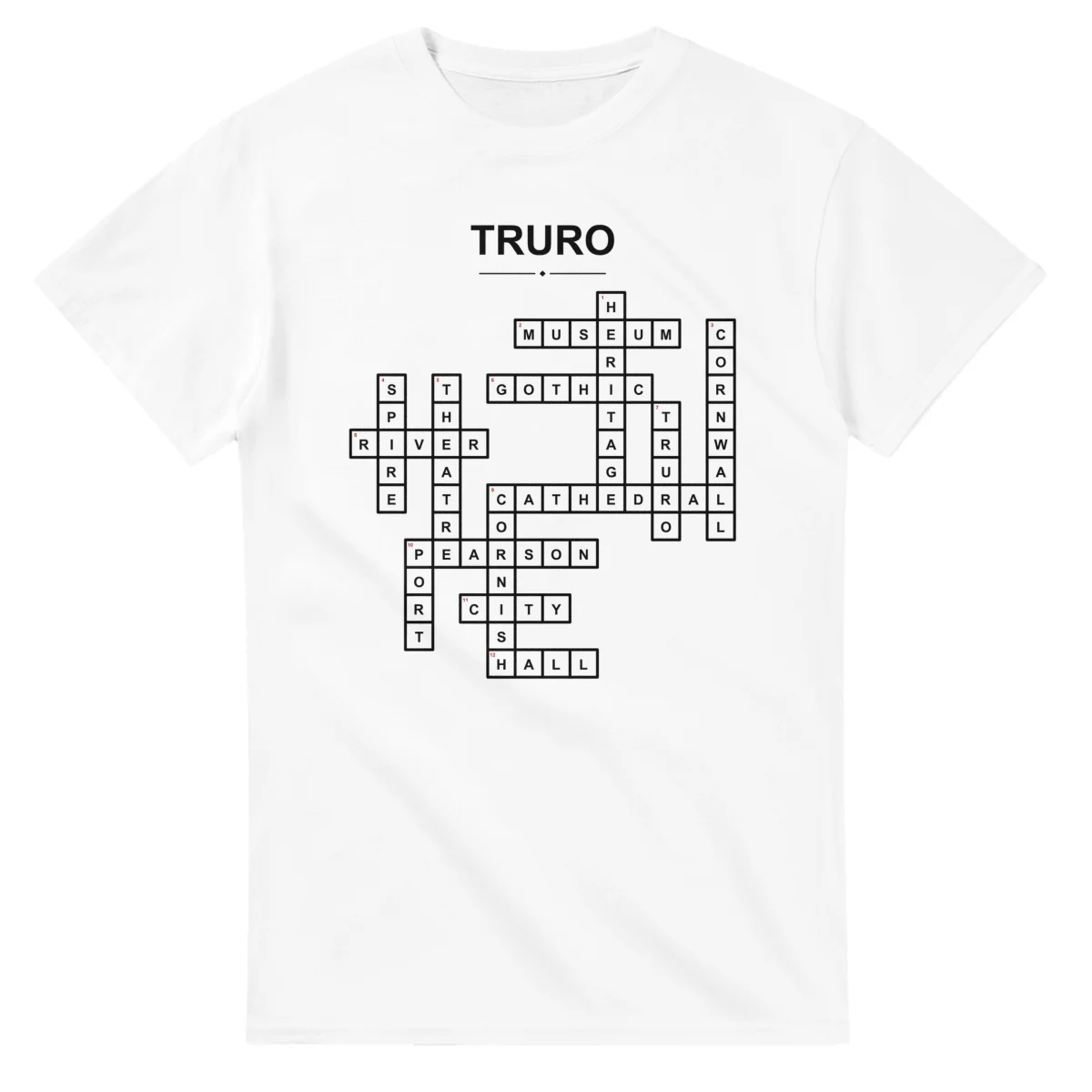 Monochrome crossword sheet for Truro, with a large place-name heading, a letter grid, and numbered across and down clues.