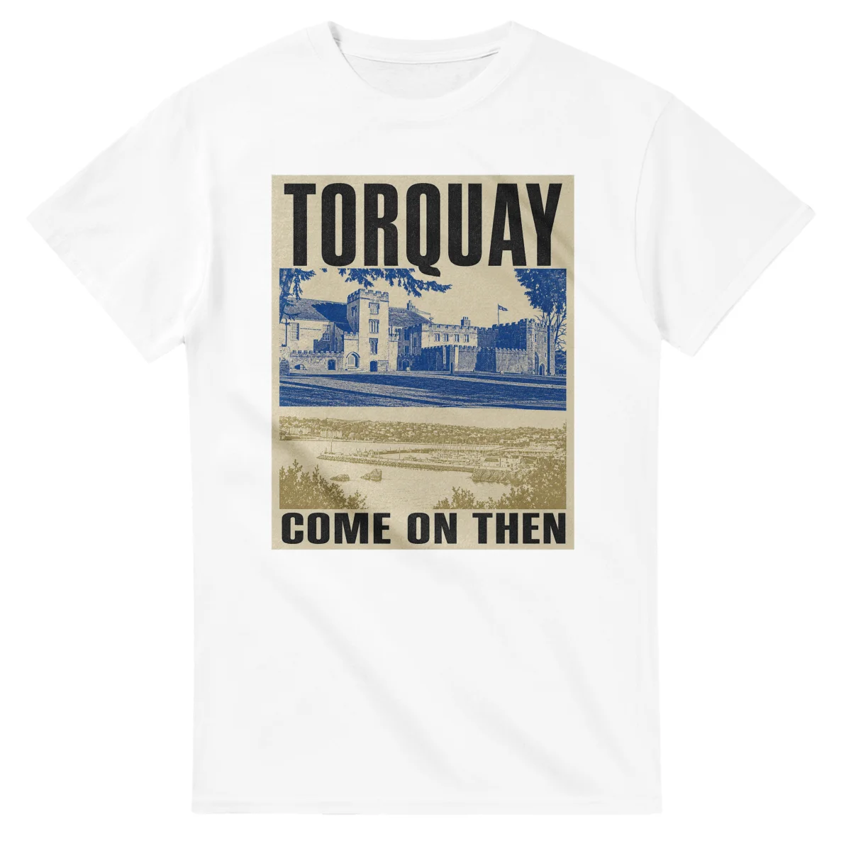 Two-colour scenic illustration for Torquay, with the place name and COME ON THEN lettering.
