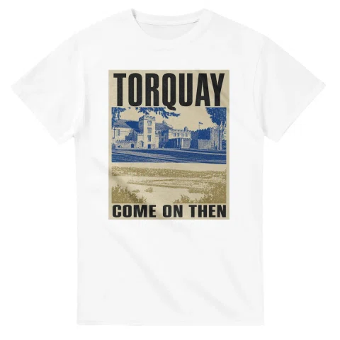 Two-colour scenic illustration for Torquay, with the place name and COME ON THEN lettering.