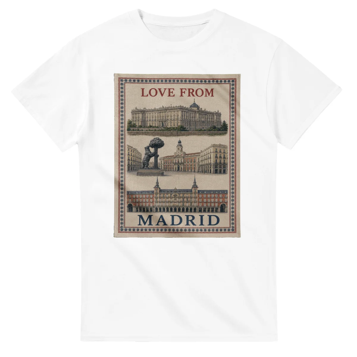 Framed scenic design for Madrid, with several local views, a decorative border and LOVE FROM lettering.