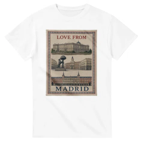 Framed scenic design for Madrid, with several local views, a decorative border and LOVE FROM lettering.