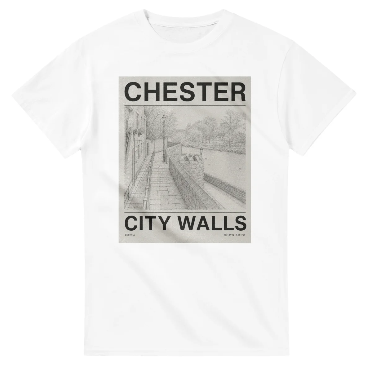 Fine-line engraving-style drawing for Chester, with a landmark caption and small coordinate text.