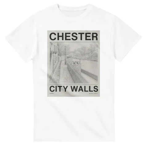 Fine-line engraving-style drawing for Chester, with a landmark caption and small coordinate text.