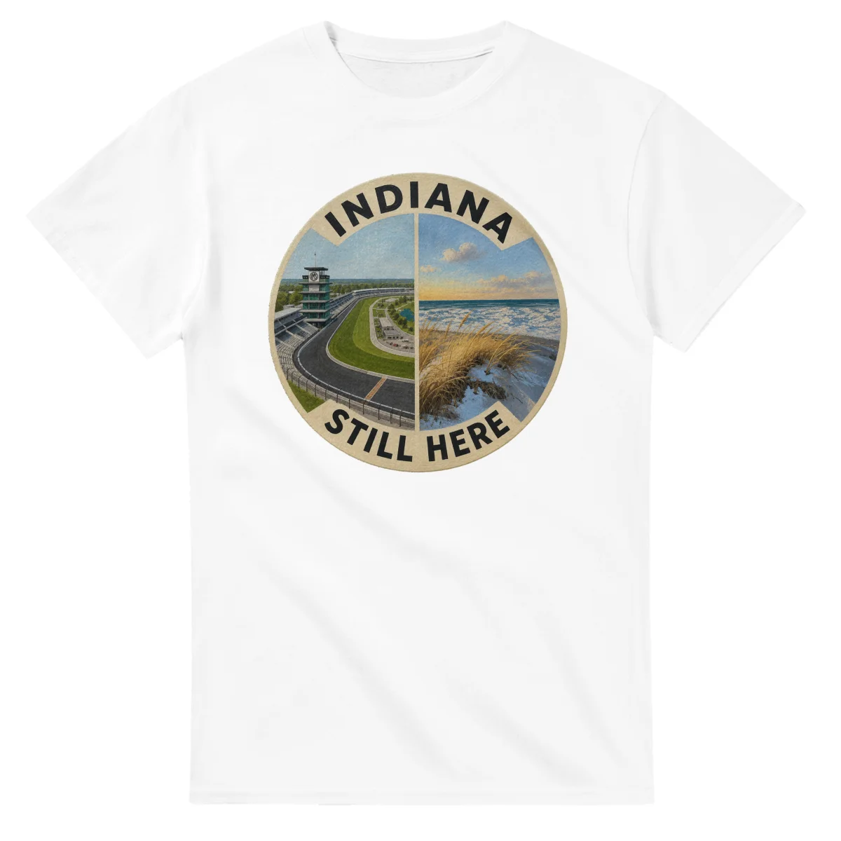 Painted, panelled scenic illustration for Indiana, with paired local scenes and the place name in lettering.