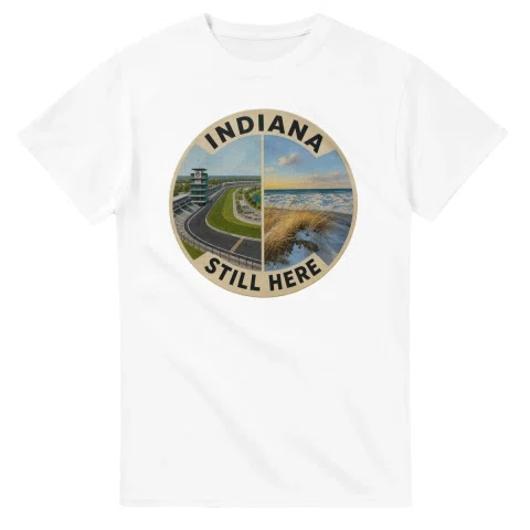 Painted, panelled scenic illustration for Indiana, with paired local scenes and the place name in lettering.