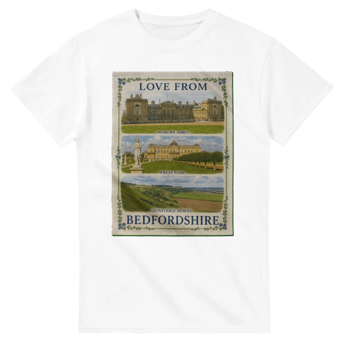 Framed scenic design for Bedfordshire, with several local views, a decorative border and LOVE FROM lettering.