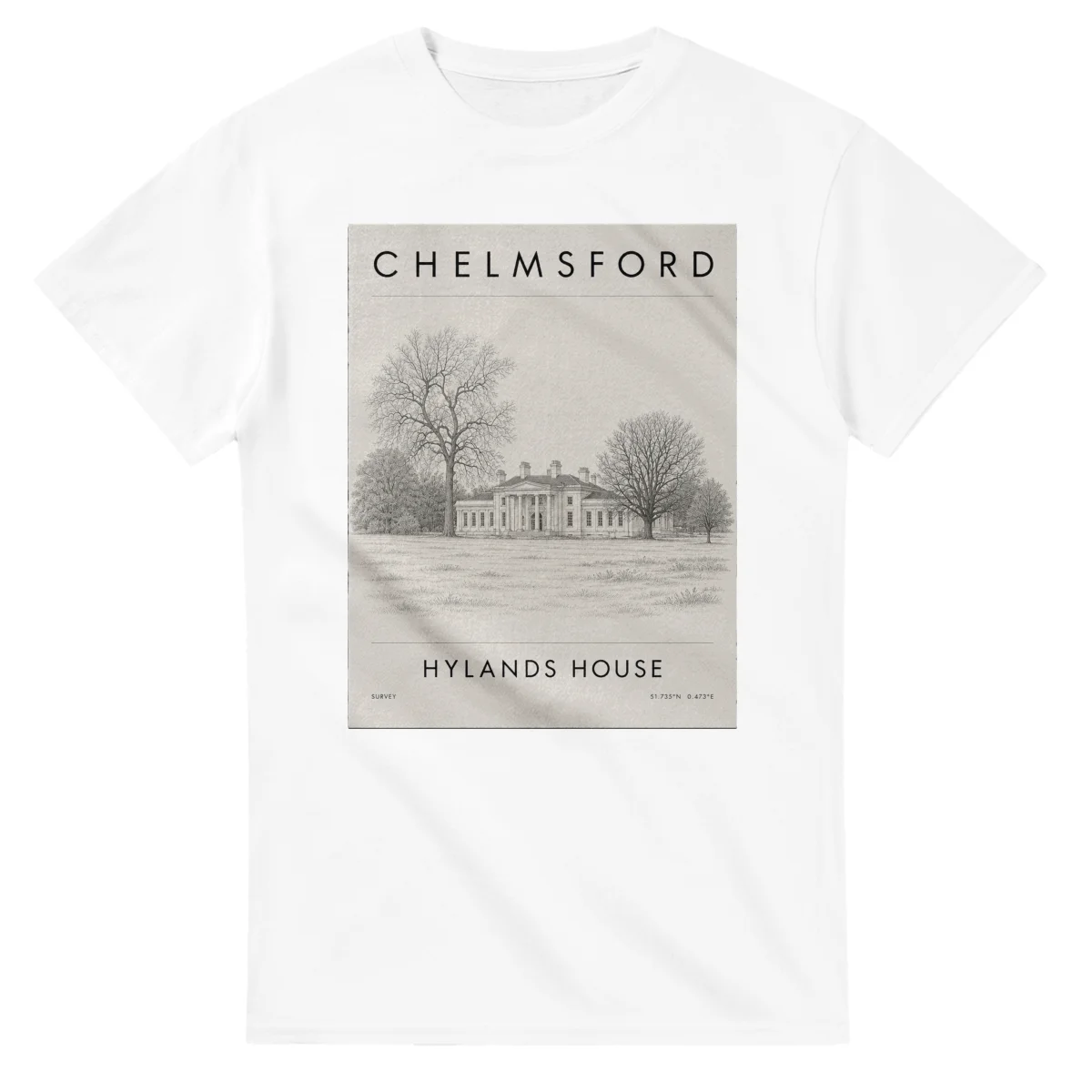 Fine-line engraving-style drawing for Chelmsford, with a landmark caption and small coordinate text.