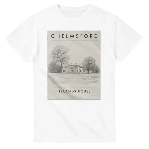 Fine-line engraving-style drawing for Chelmsford, with a landmark caption and small coordinate text.