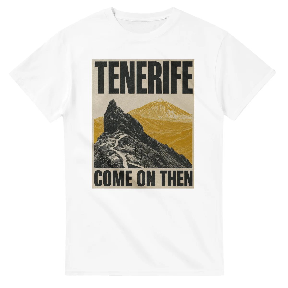 Two-colour scenic illustration for Tenerife, with the place name and COME ON THEN lettering.