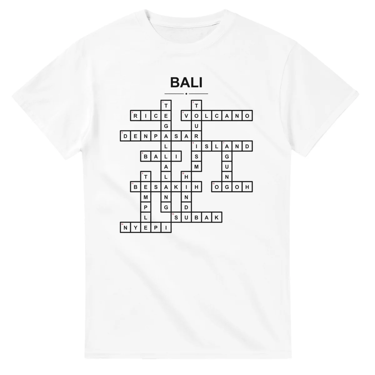 Monochrome crossword sheet for Bali, with a large place-name heading, a letter grid, and numbered across and down clues.