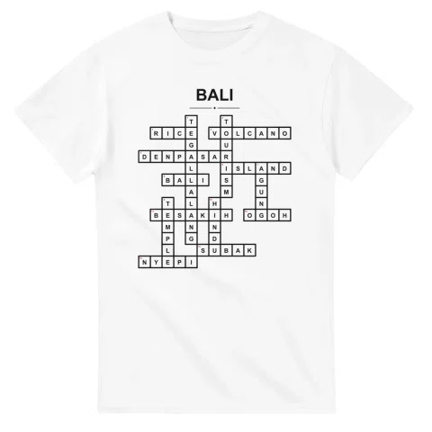 Monochrome crossword sheet for Bali, with a large place-name heading, a letter grid, and numbered across and down clues.