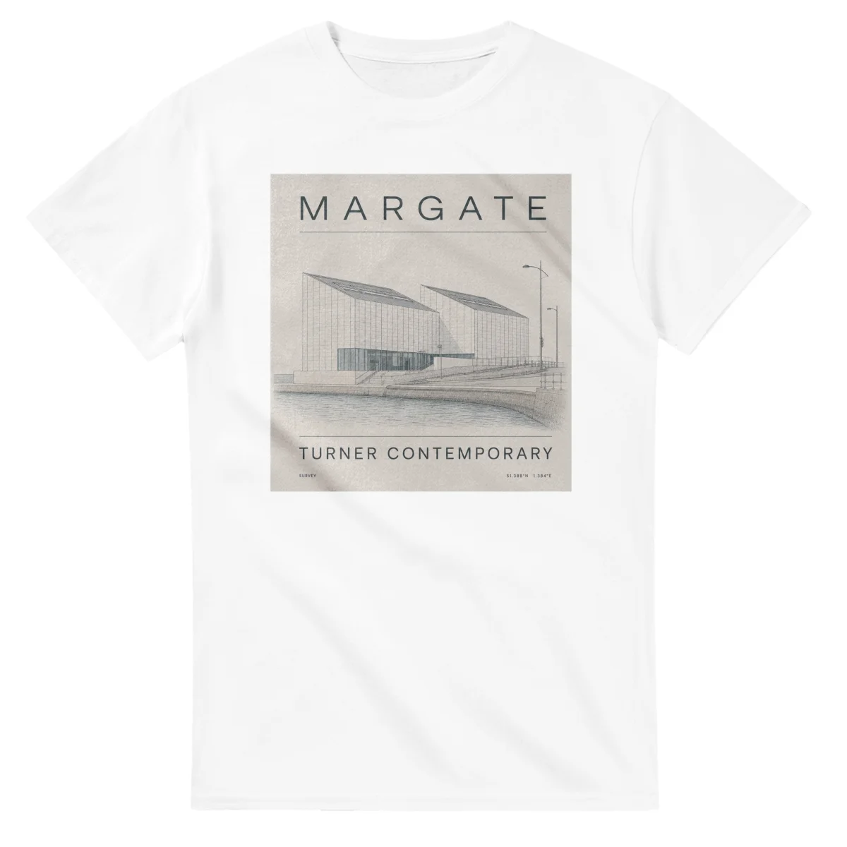 Fine-line engraving-style drawing for Margate, with a landmark caption and small coordinate text.