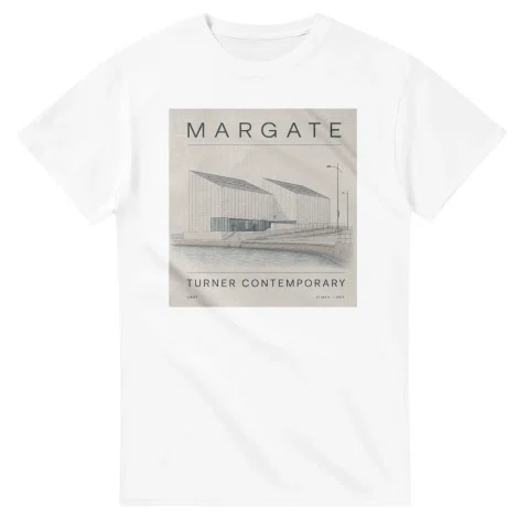 Fine-line engraving-style drawing for Margate, with a landmark caption and small coordinate text.