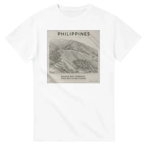 Fine-line engraving-style drawing for The Philippines, with a landmark caption and small coordinate text.