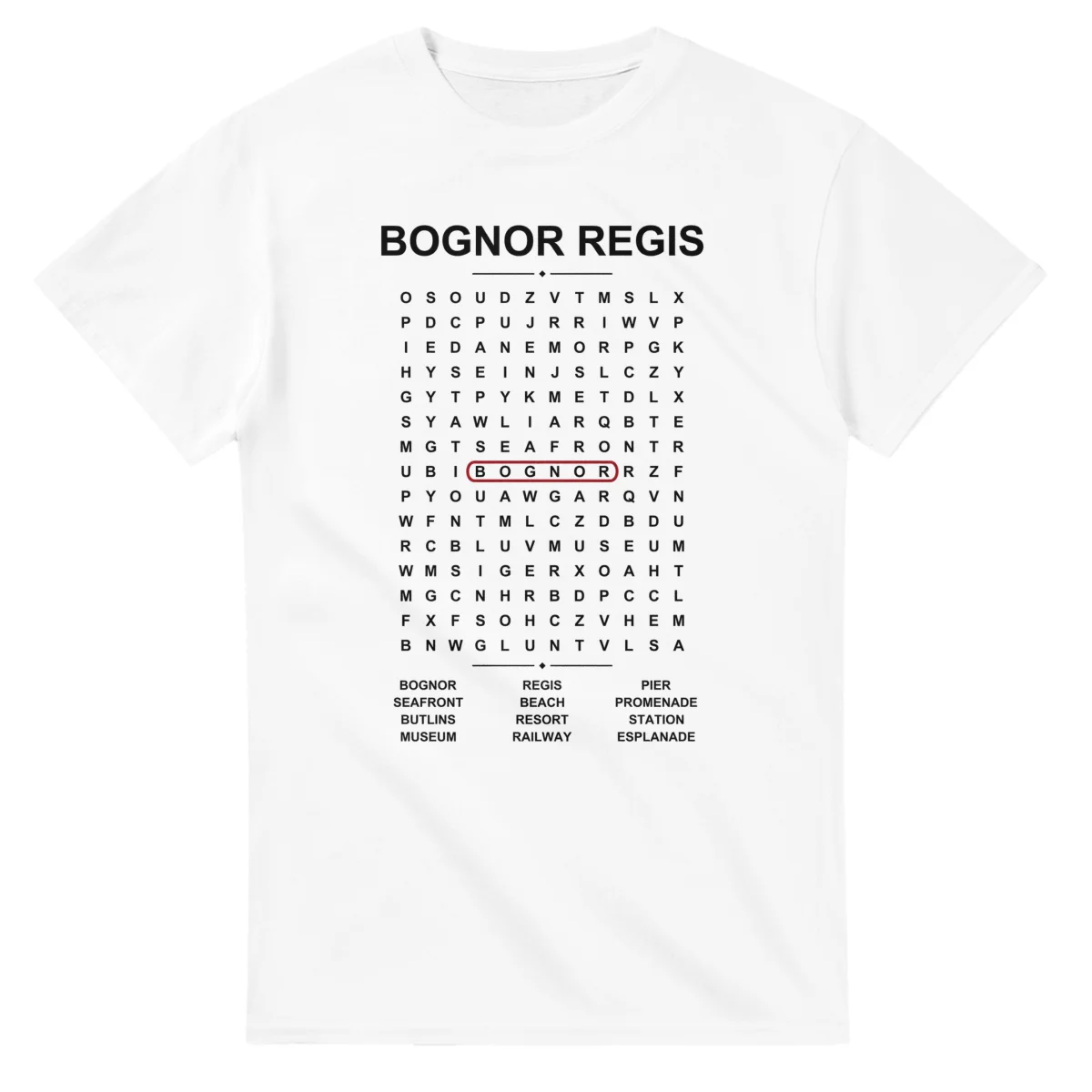 Word-search sheet for Bognor Regis, with a large place-name heading, a letter grid, a local answer list, and a red highlighted example word.