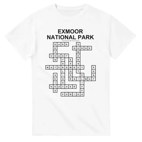 Monochrome crossword sheet for Exmoor National Park, with a large place-name heading, a letter grid, and numbered across and down clues.