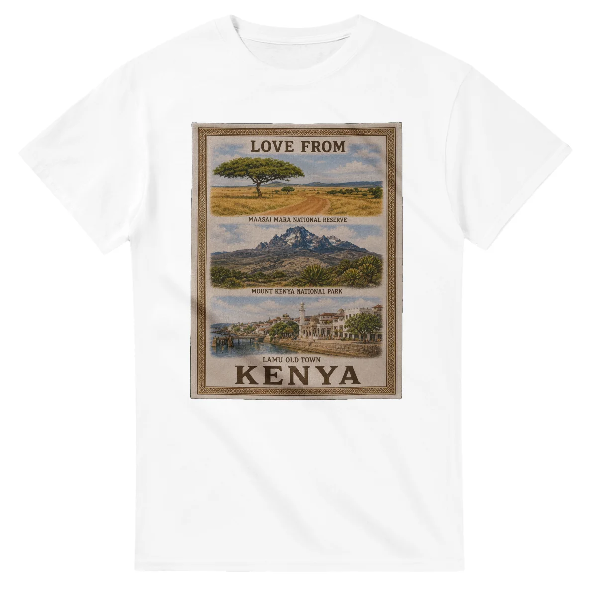 Framed scenic design for Kenya, with several local views, a decorative border and LOVE FROM lettering.