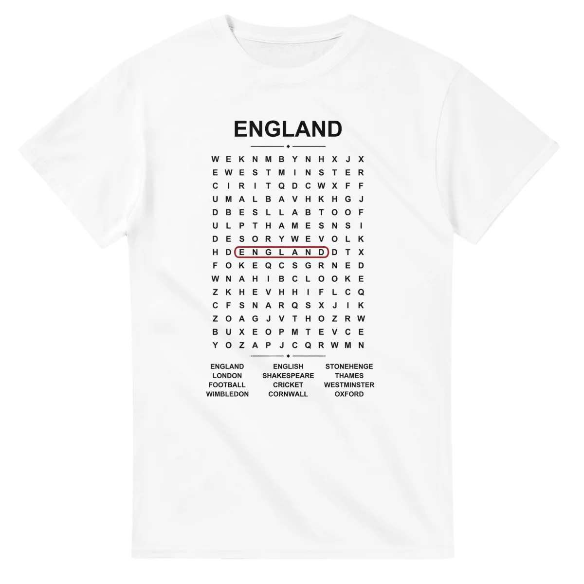 Word-search sheet for England, with a large place-name heading, a letter grid, a local answer list, and a red highlighted example word.