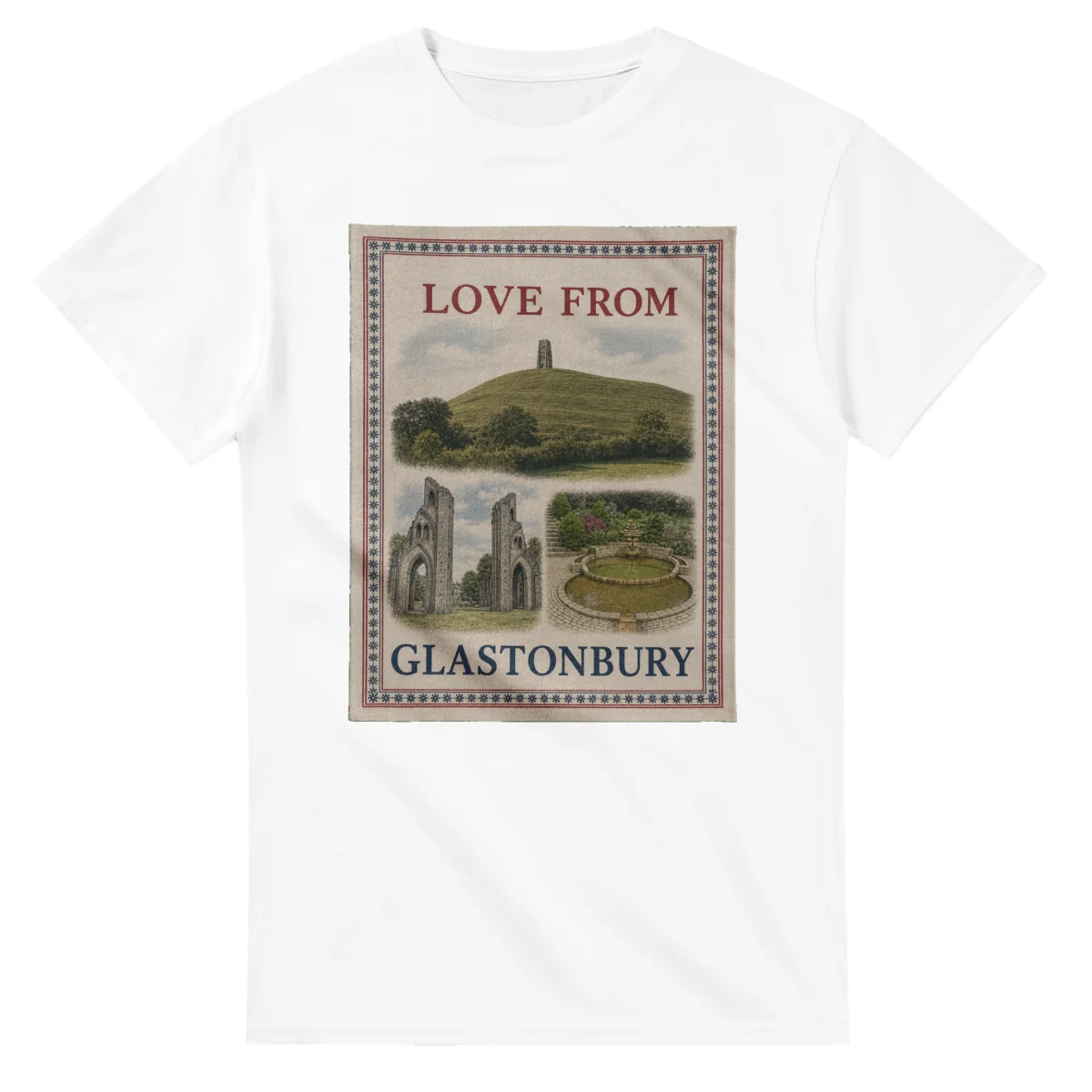 Framed scenic design for Glastonbury, with several local views, a decorative border and LOVE FROM lettering.