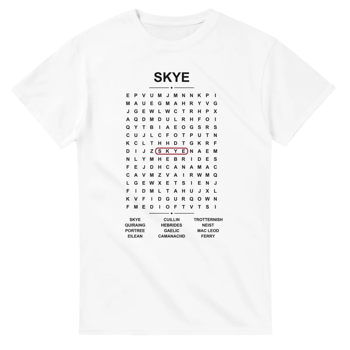 Word-search sheet for Skye, with a large place-name heading, a letter grid, a local answer list, and a red highlighted example word.