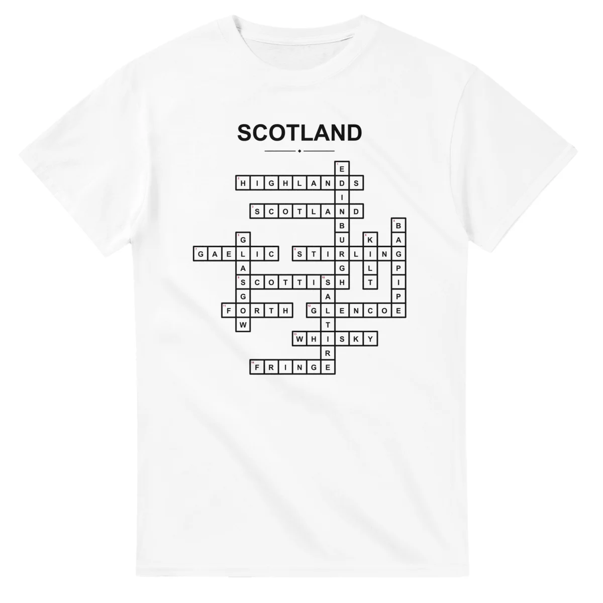 Monochrome crossword sheet for Scotland, with a large place-name heading, a letter grid, and numbered across and down clues.