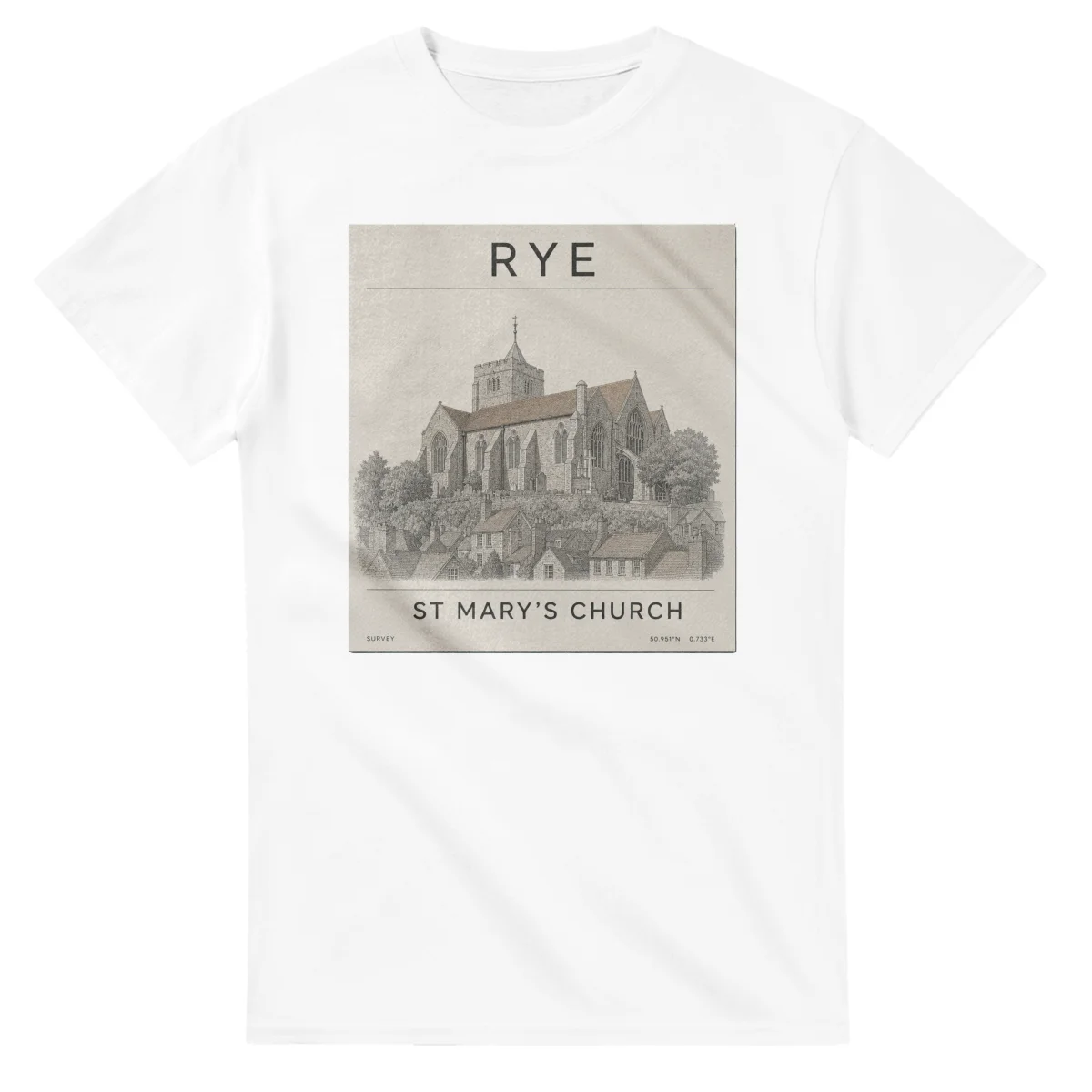 Fine-line engraving-style drawing for Rye, with a landmark caption and small coordinate text.