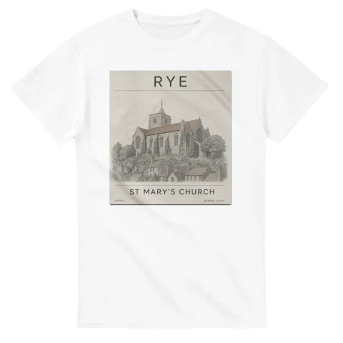 Fine-line engraving-style drawing for Rye, with a landmark caption and small coordinate text.