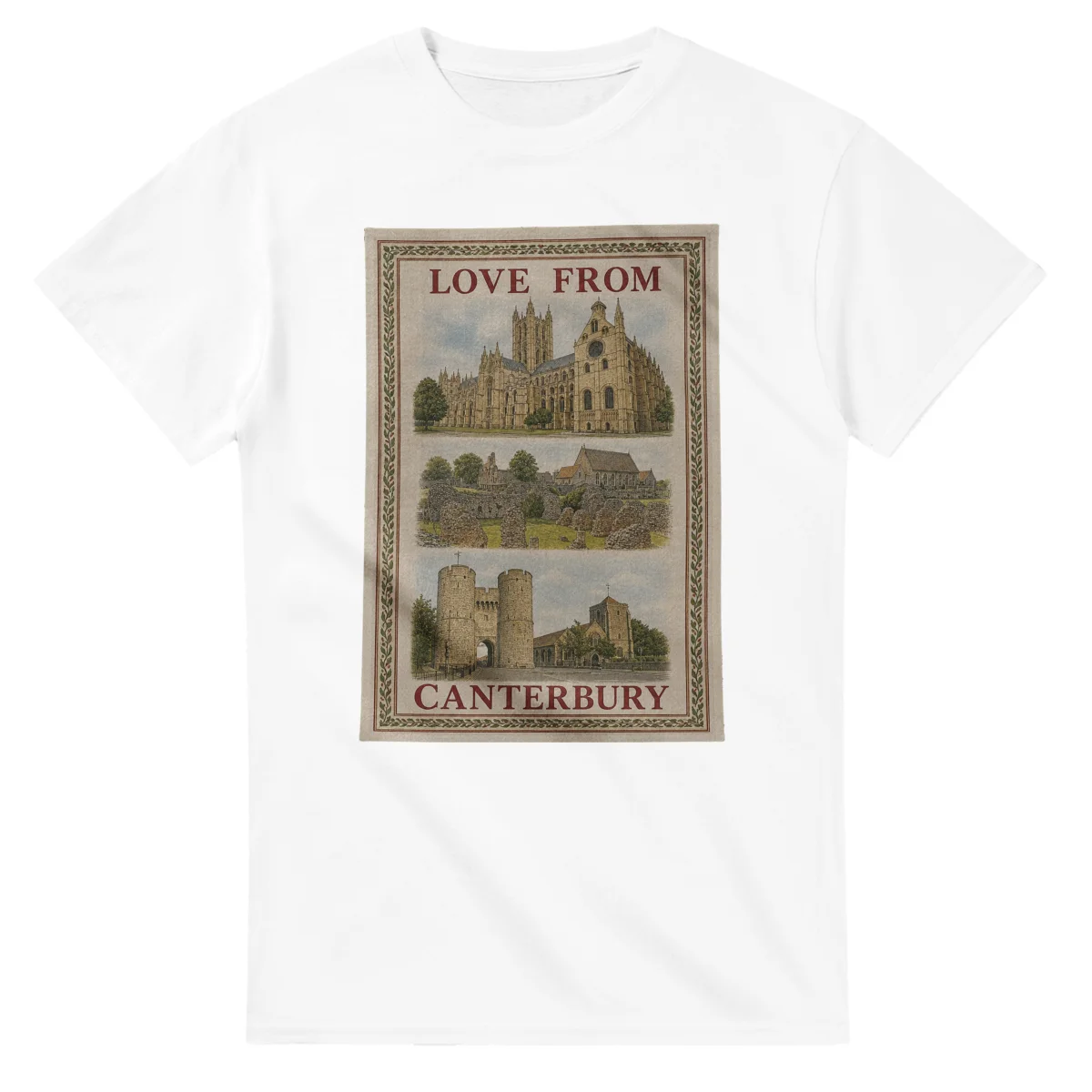 Framed scenic design for Canterbury, with several local views, a decorative border and LOVE FROM lettering.