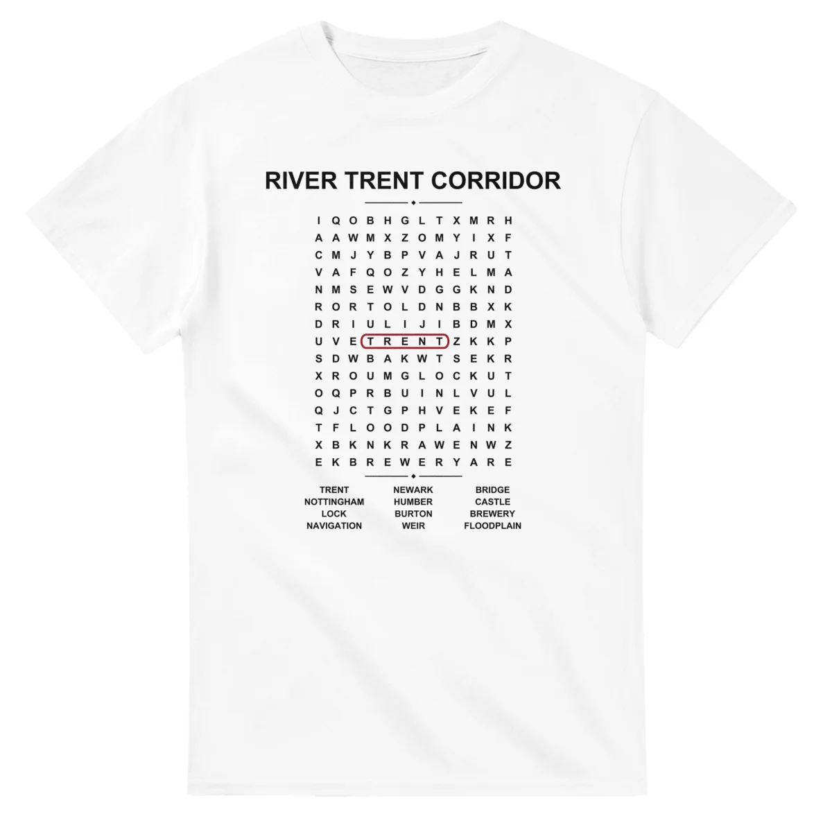 Word-search sheet for River Trent, with a large place-name heading, a letter grid, a local answer list, and a red highlighted example word.