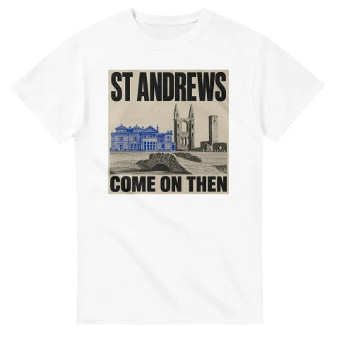 Two-colour scenic illustration for St Andrews, with the place name and COME ON THEN lettering.