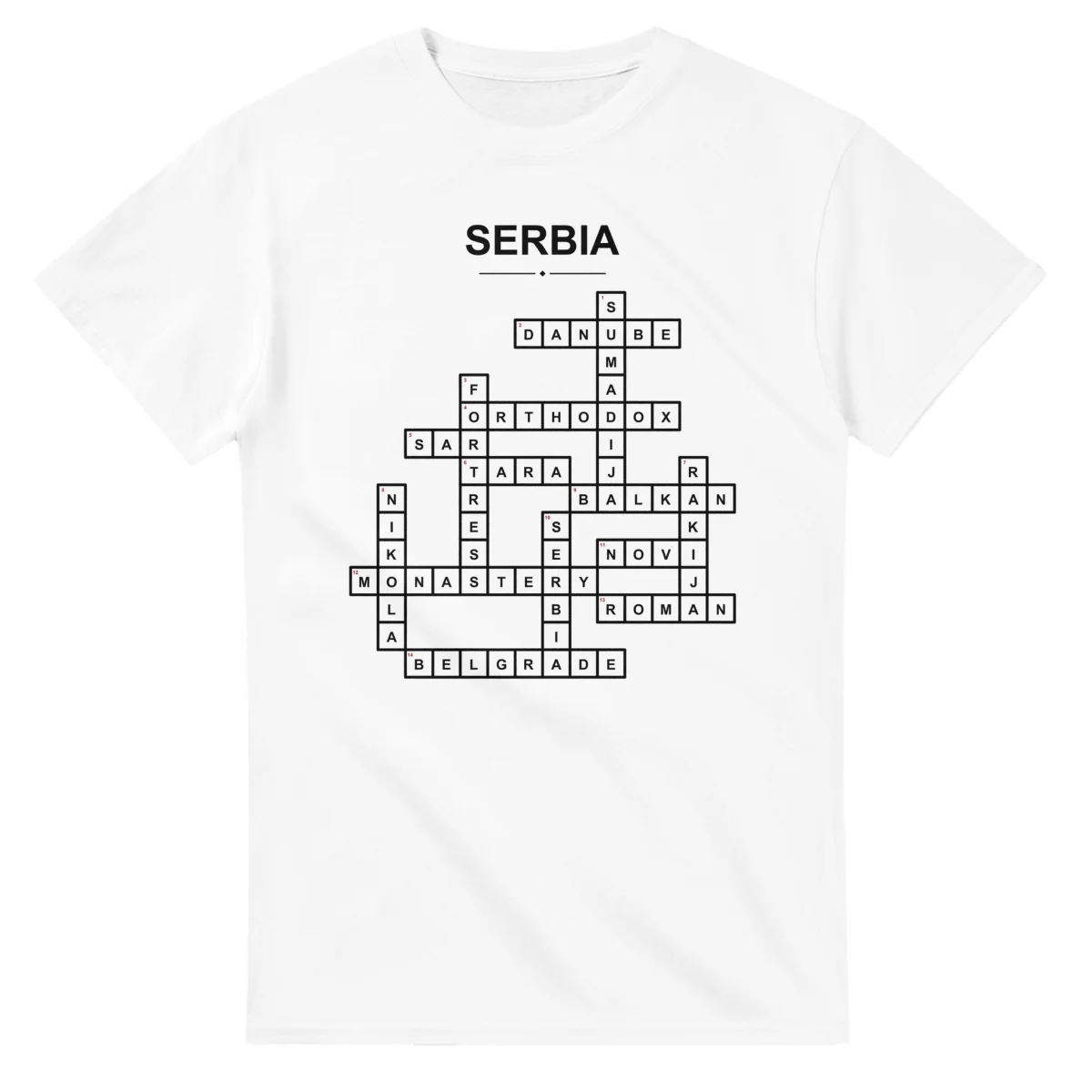 Monochrome crossword sheet for Serbia, with a large place-name heading, a letter grid, and numbered across and down clues.