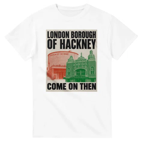 Two-colour scenic illustration for London Borough of Hackney, with the place name and COME ON THEN lettering.