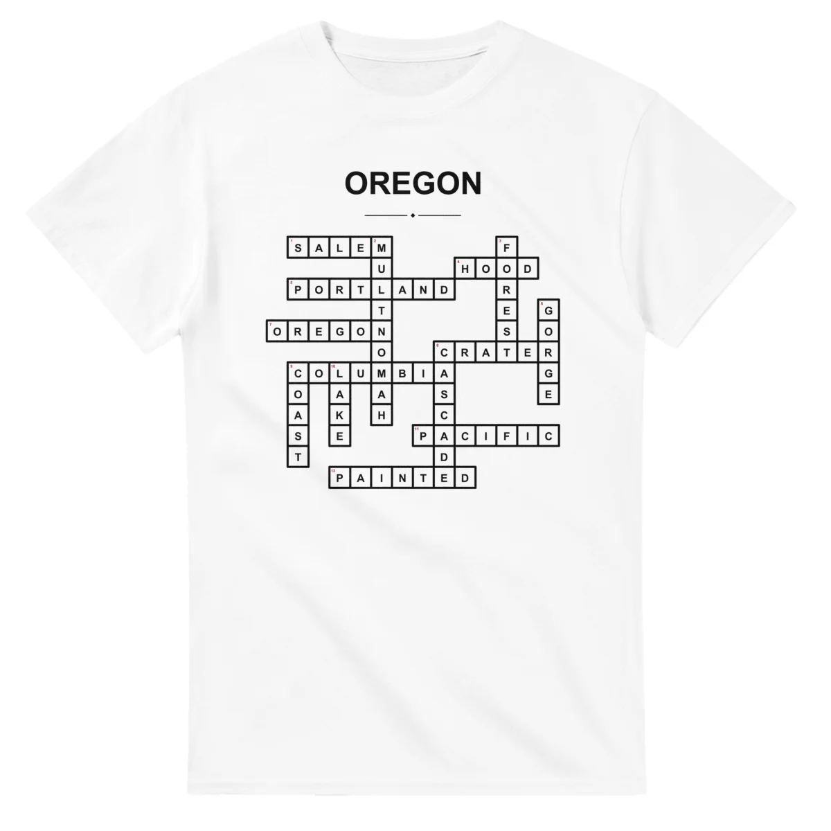 Monochrome crossword sheet for Oregon, with a large place-name heading, a letter grid, and numbered across and down clues.