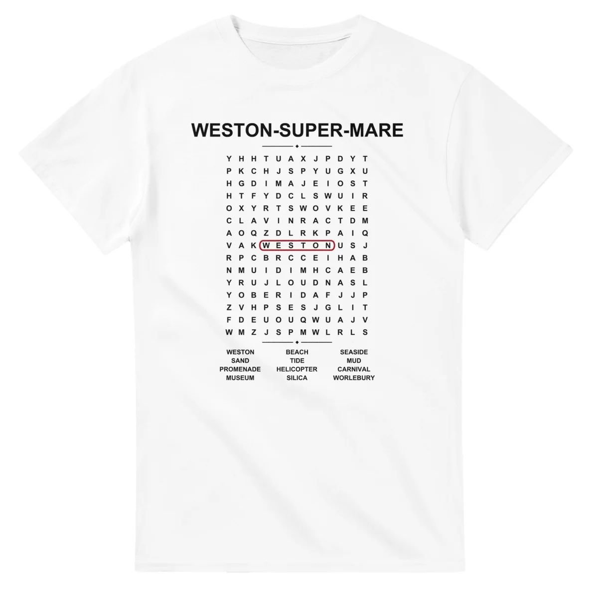 Word-search sheet for Weston-super-Mare, with a large place-name heading, a letter grid, a local answer list, and a red highlighted example word.