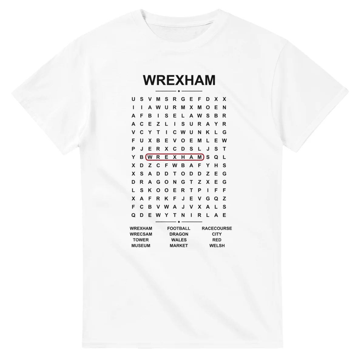 Word-search sheet for Wrexham, with a large place-name heading, a letter grid, a local answer list, and a red highlighted example word.