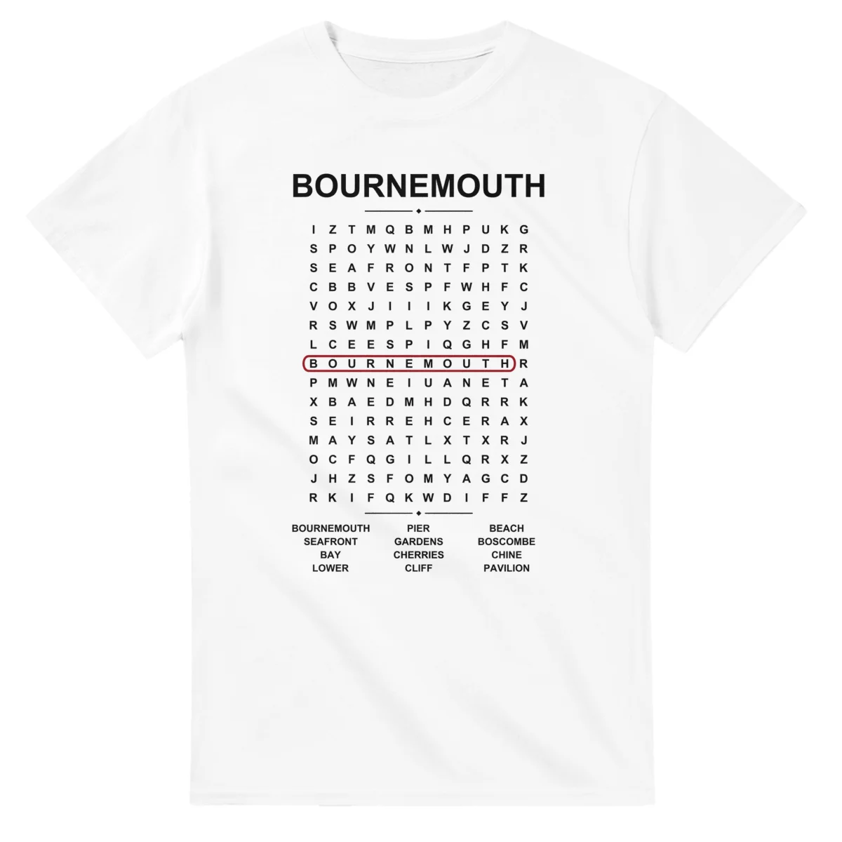 Word-search sheet for Bournemouth, with a large place-name heading, a letter grid, a local answer list, and a red highlighted example word.