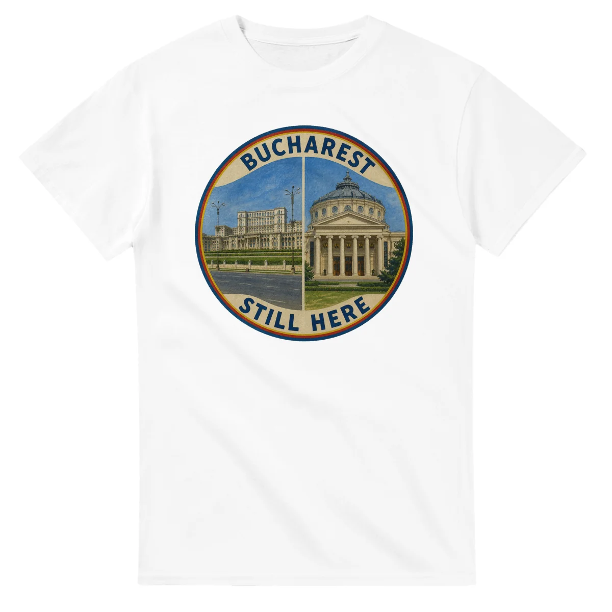 Painted, panelled scenic illustration for Bucharest, with paired local scenes and the place name in lettering.
