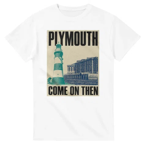 Two-colour scenic illustration for Plymouth, with the place name and COME ON THEN lettering.