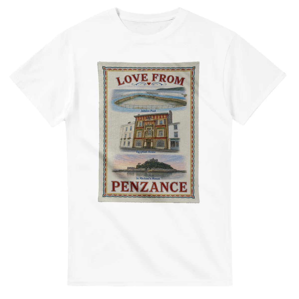 Framed scenic design for Penzance, with several local views, a decorative border and LOVE FROM lettering.