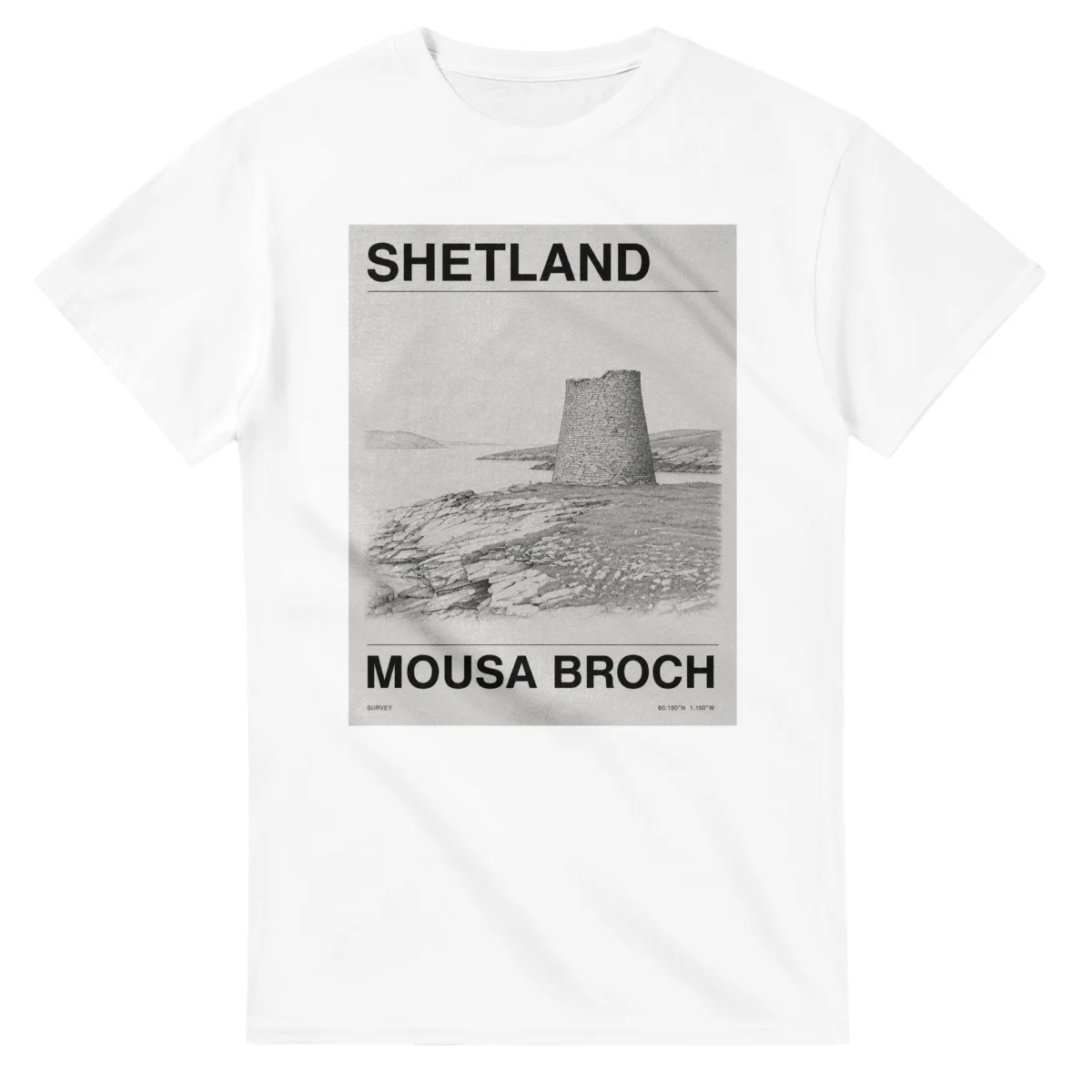 Fine-line engraving-style drawing for Shetland, with a landmark caption and small coordinate text.