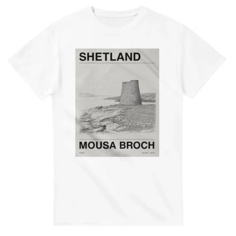Fine-line engraving-style drawing for Shetland, with a landmark caption and small coordinate text.