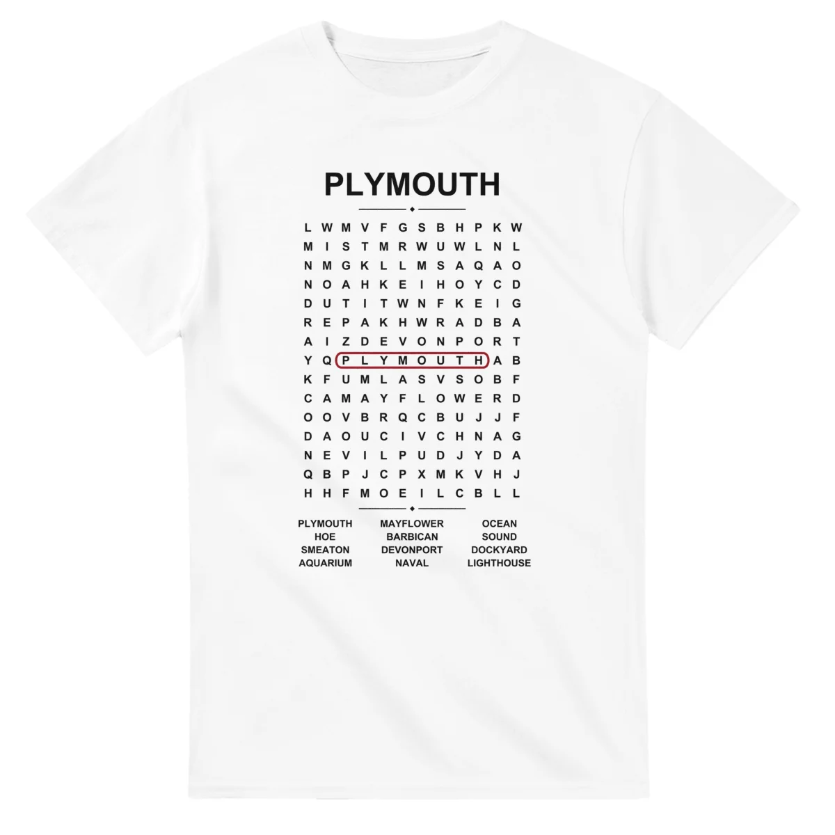 Word-search sheet for Plymouth, with a large place-name heading, a letter grid, a local answer list, and a red highlighted example word.