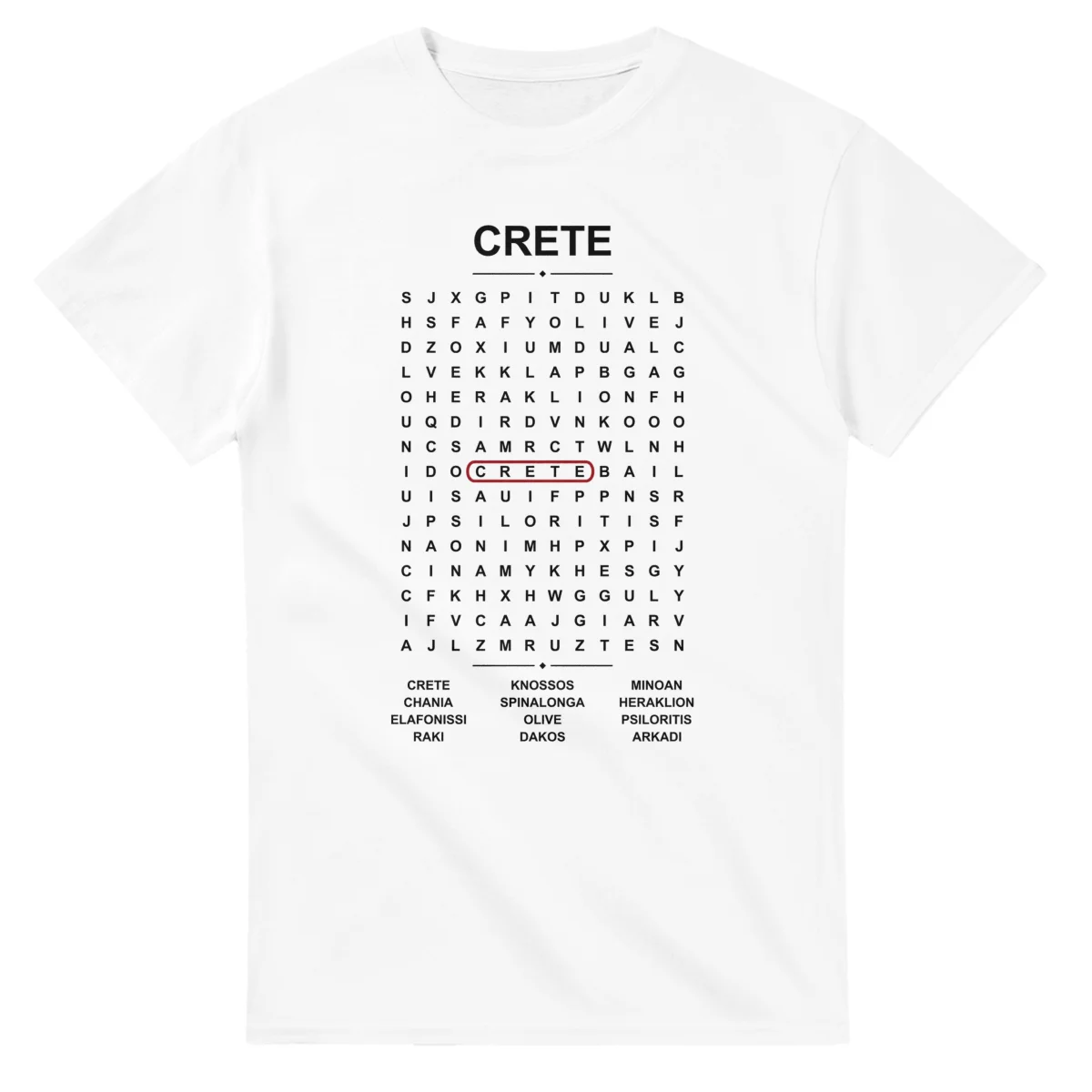 Word-search sheet for Crete, with a large place-name heading, a letter grid, a local answer list, and a red highlighted example word.