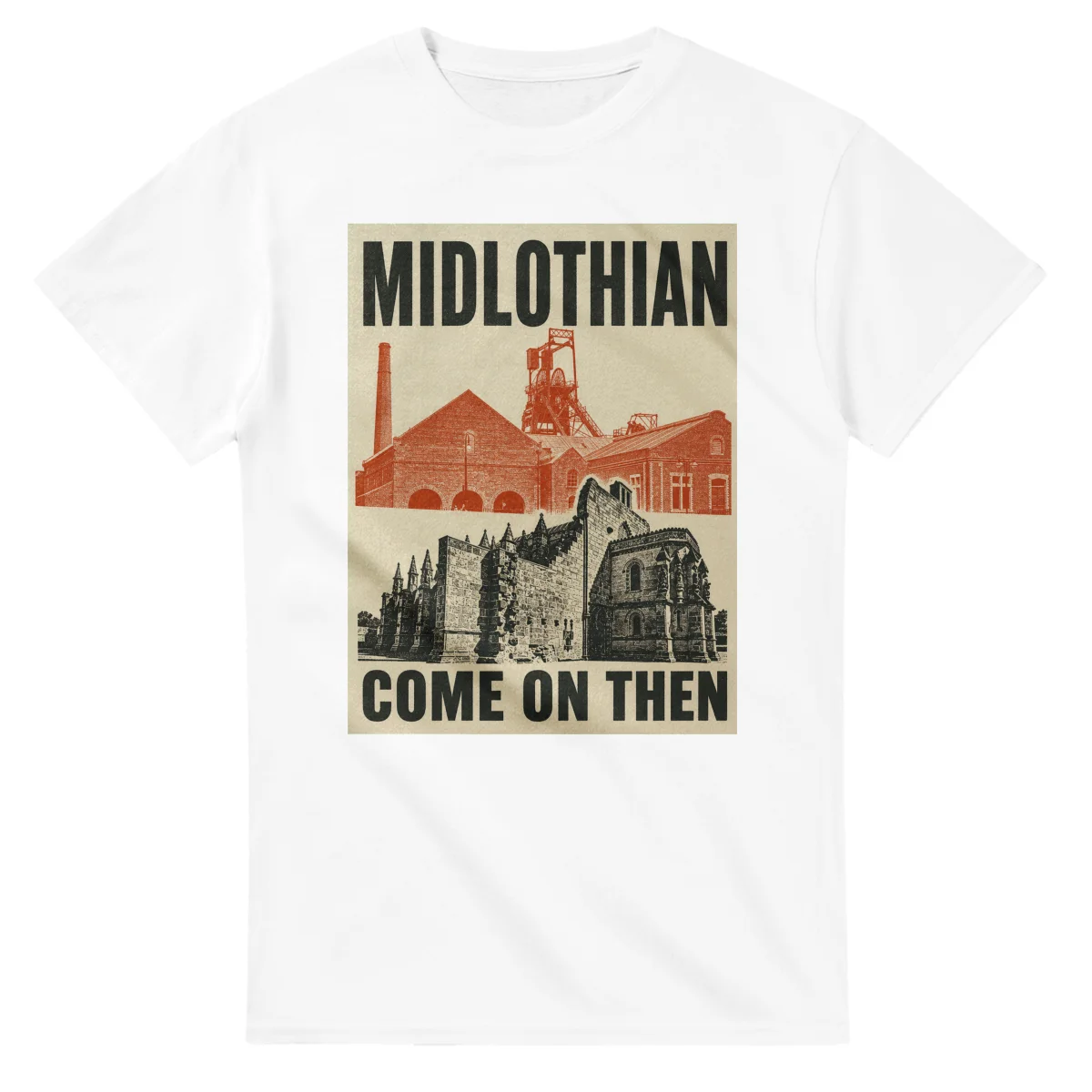 Two-colour scenic illustration for Midlothian, with the place name and COME ON THEN lettering.