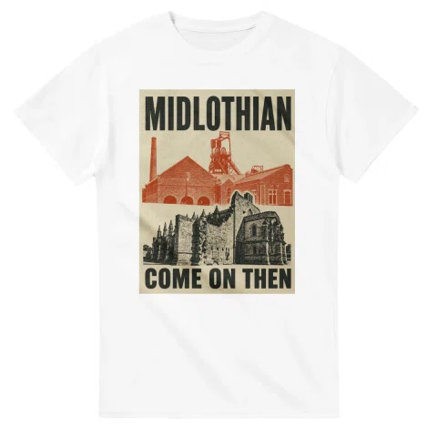 Two-colour scenic illustration for Midlothian, with the place name and COME ON THEN lettering.