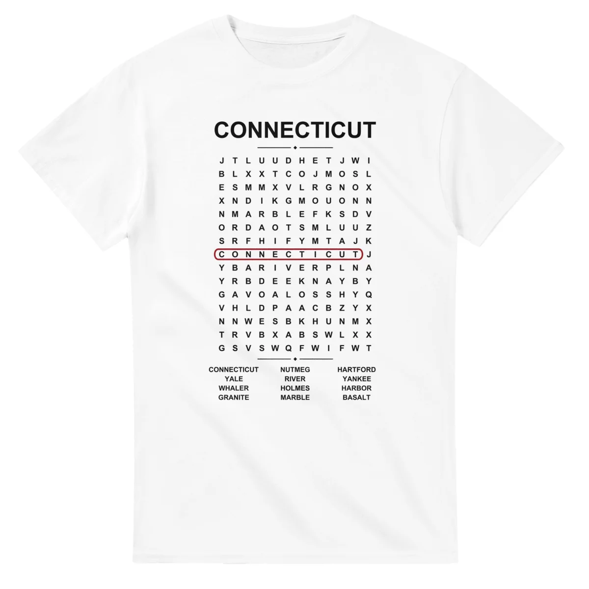 Word-search sheet for Connecticut, with a large place-name heading, a letter grid, a local answer list, and a red highlighted example word.