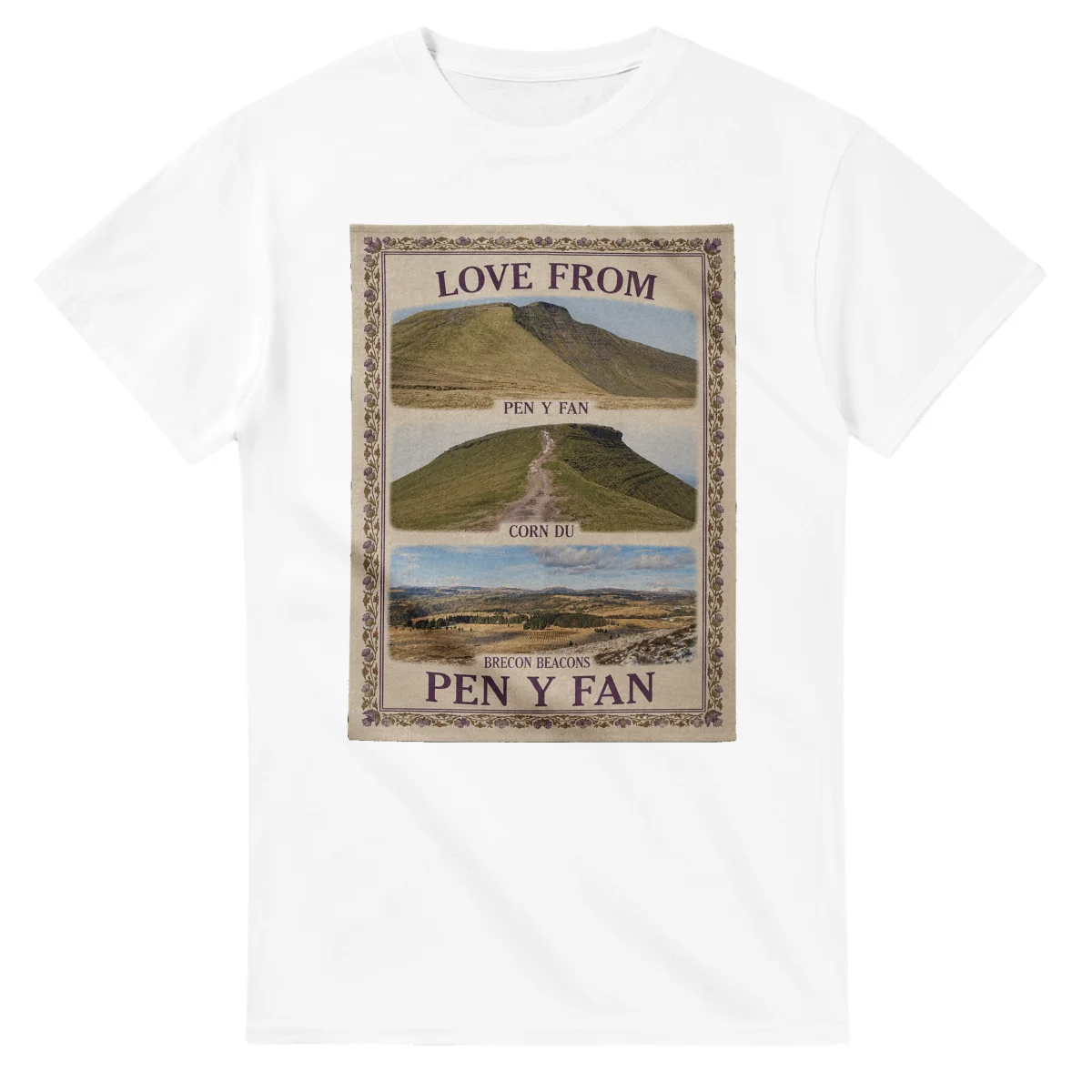 Framed scenic design for Pen y Fan, with several local views, a decorative border and LOVE FROM lettering.