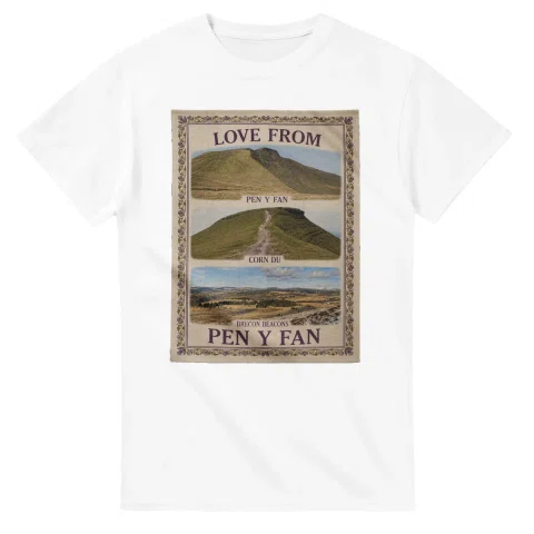 Framed scenic design for Pen y Fan, with several local views, a decorative border and LOVE FROM lettering.