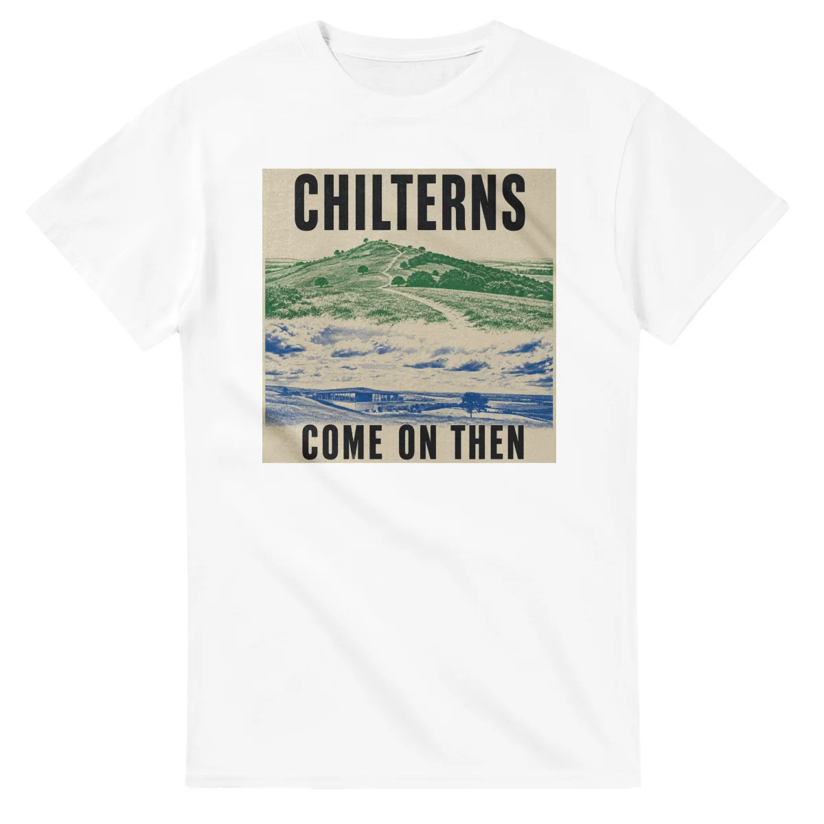 Two-colour scenic illustration for Chilterns, with the place name and COME ON THEN lettering.