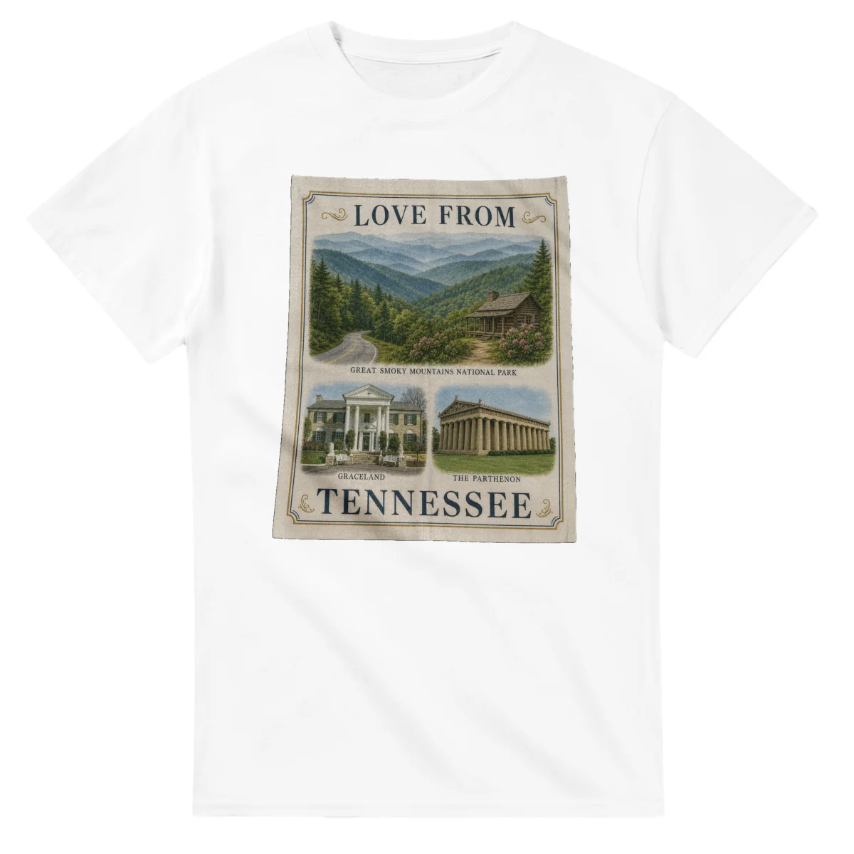 Framed scenic design for Tennessee, with several local views, a decorative border and LOVE FROM lettering.